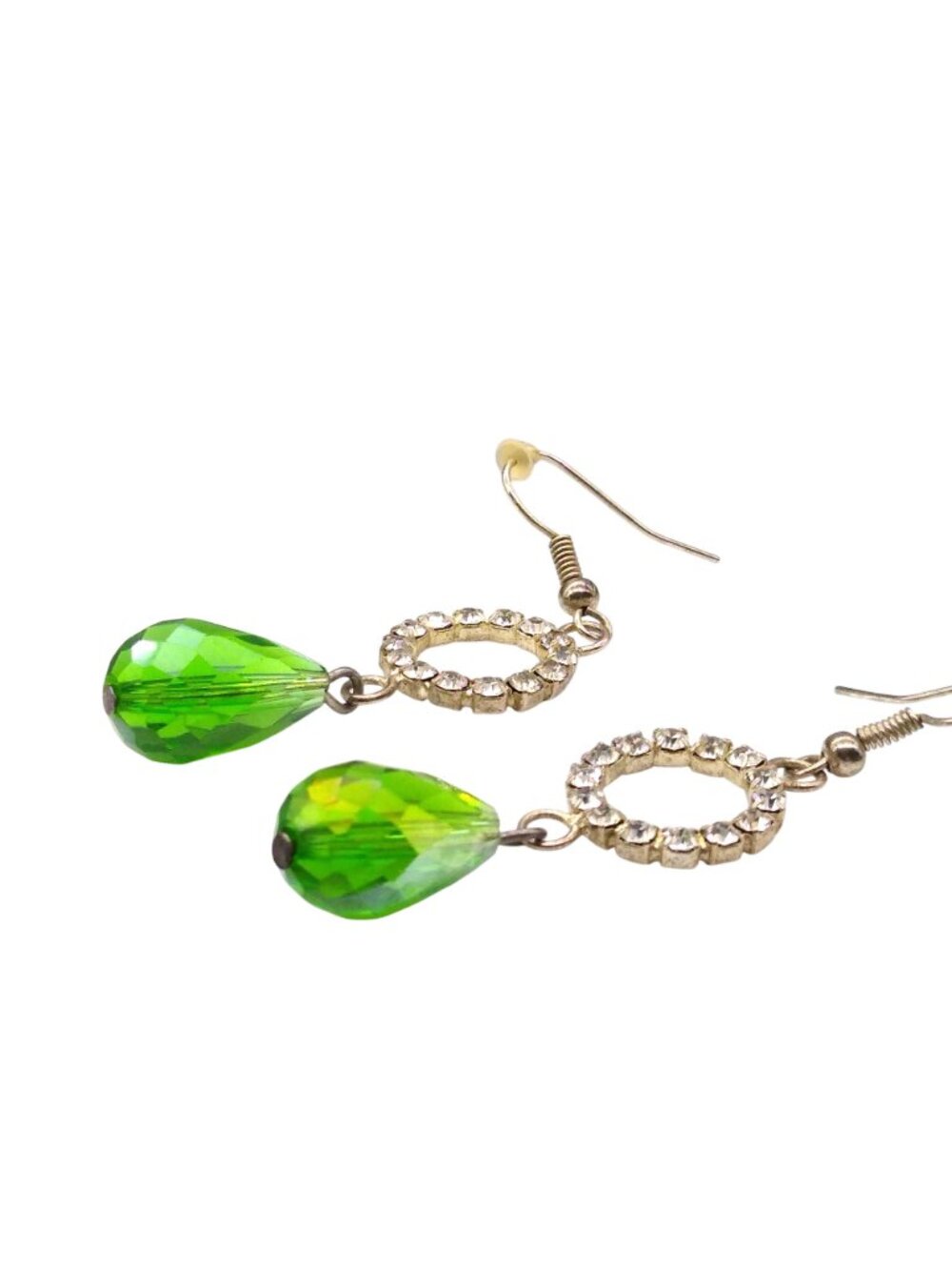 Green Teardrop Dangle Earrings, Vintage Clear Crystal Ring and Bright Faceted AB - Picture 2 of 4